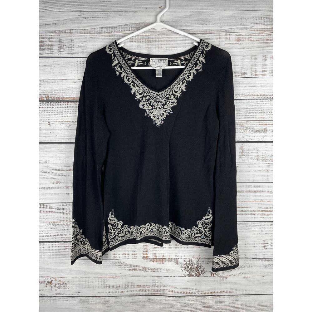 Talbots Vintage Long Sleeve Top Embroidery Italian Yarn Small Black Boho Western